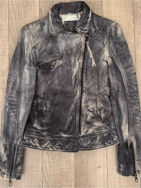 🩶Guess 100% Lamb Leather Distressed Moto Jacket🩶